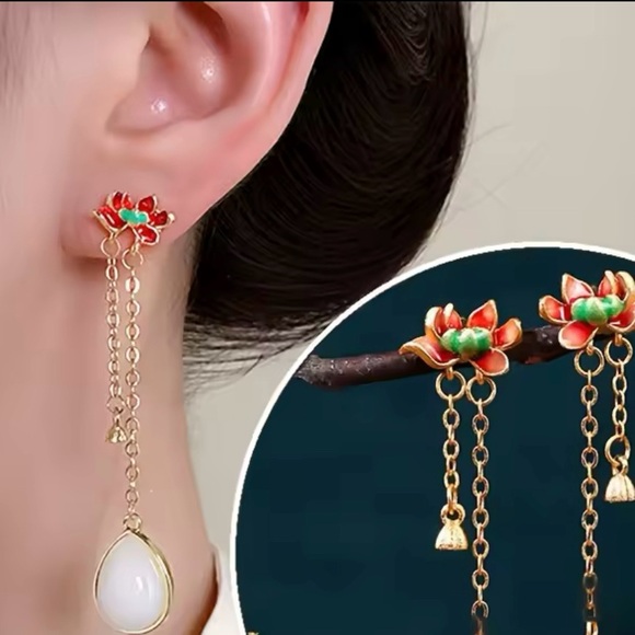 LOTUS FLOWER EARRINGS W GOLD ENAMEL AND WHITE WATER DROPLET - Picture 2 of 5